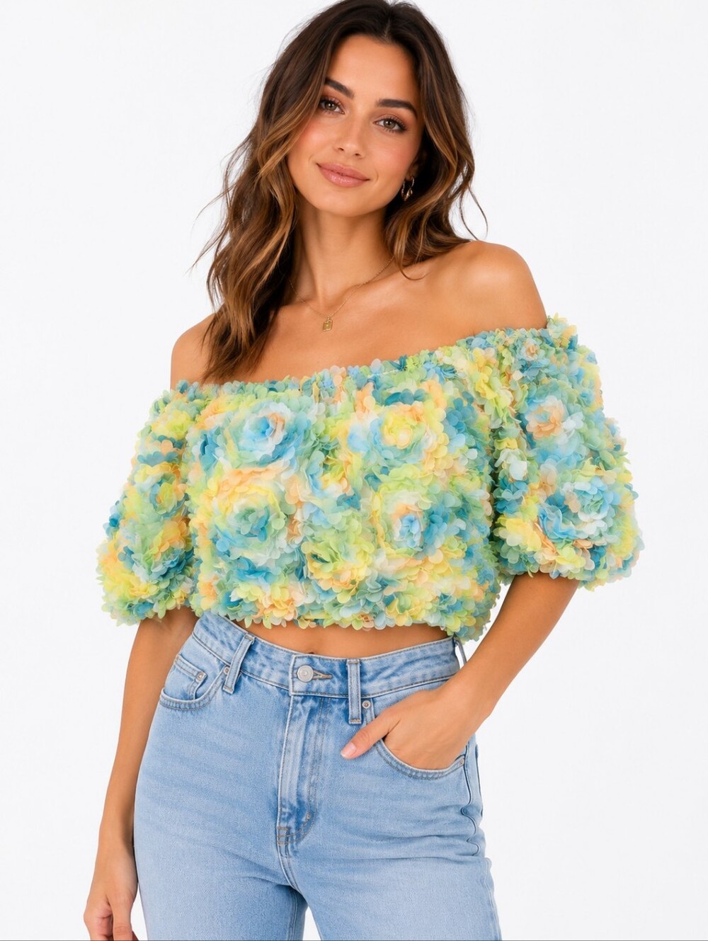 Free the Roses 3D Floral Off Shoulder Puff Sleeve Crop Top Medium Boho